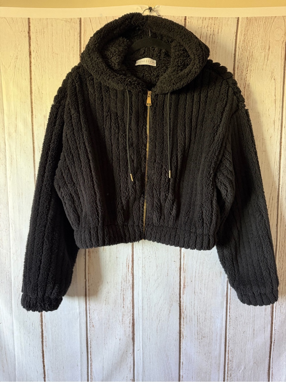 Lovepoem Black Sherpa Zip Up Hoodie Cropped Fleece Jacket Size M